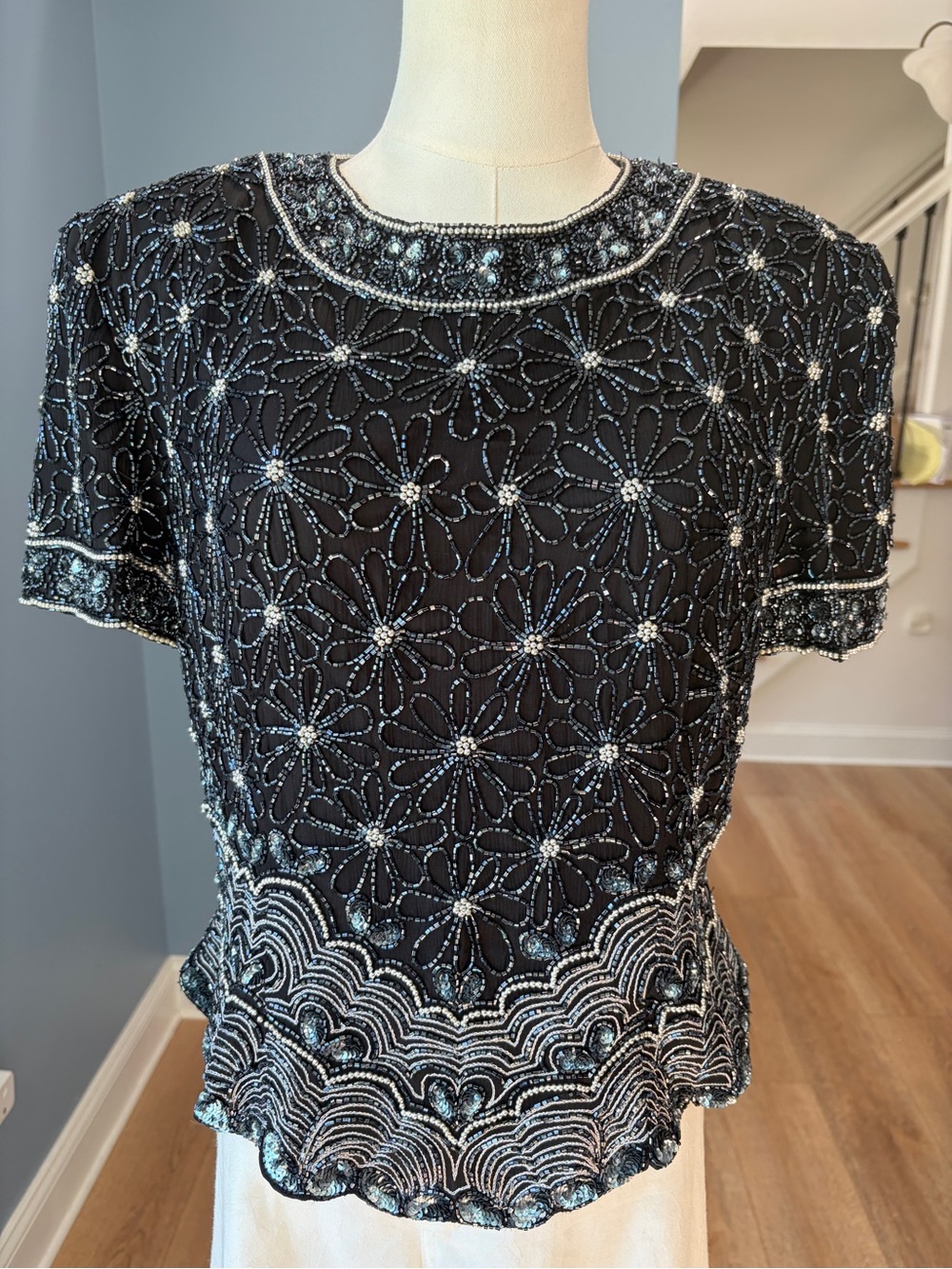 Papell Boutique Evening Black Silk Beaded Sequin Floral Peplum Top Large